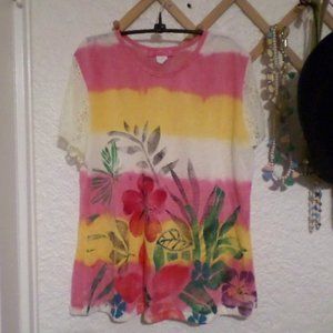 Crazy Fish Hand Painted Floral Knit Top Sz XL
